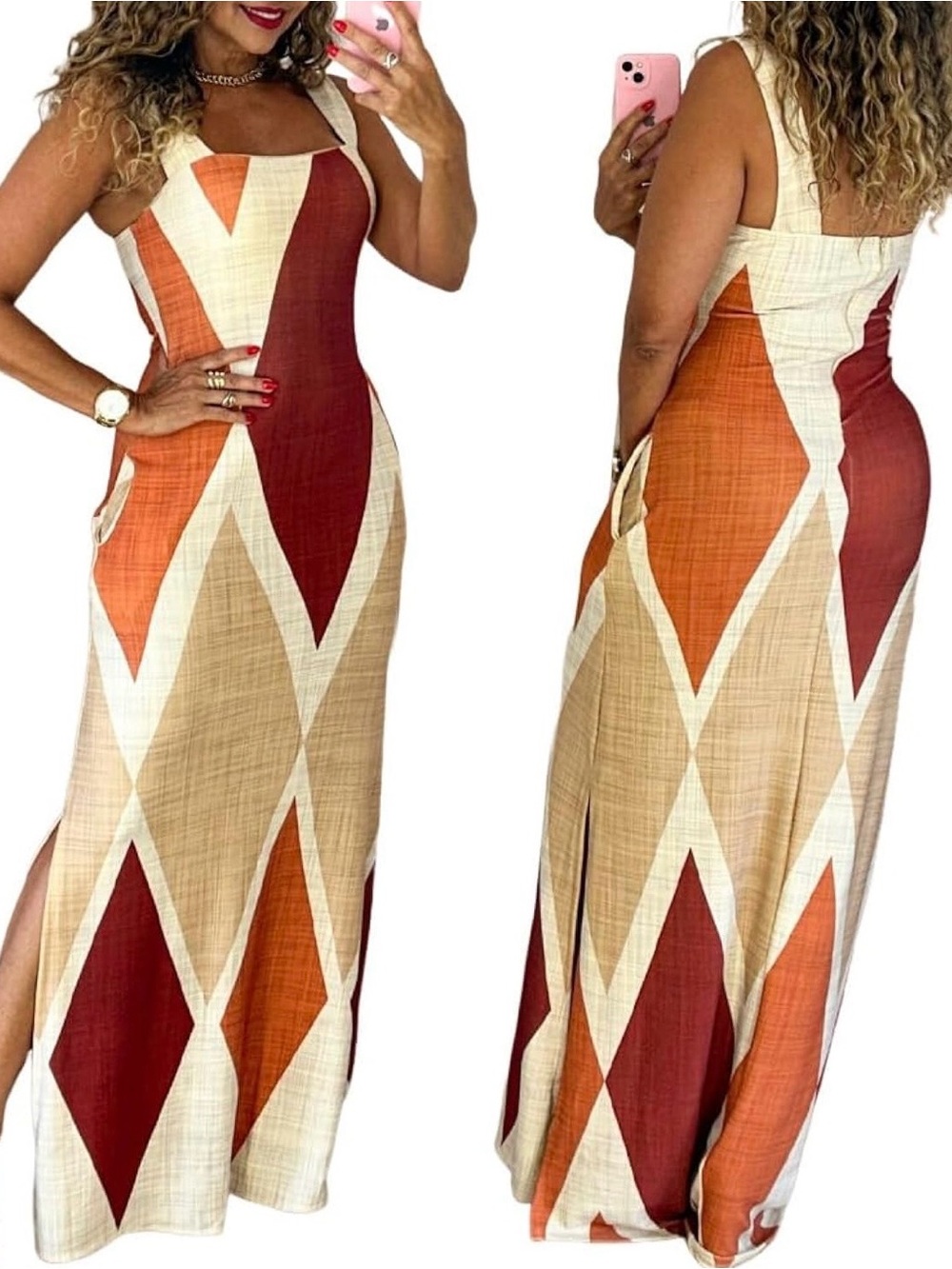 NWOT Women’s Geometric Maxi Dress - Beige, Rust & Orange